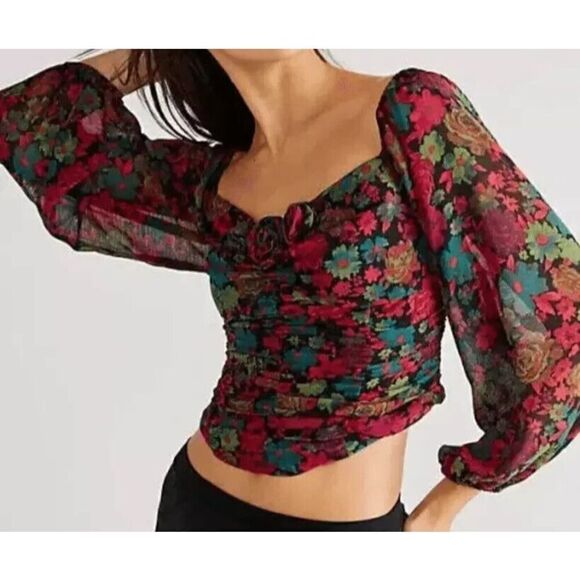 Free People OB1618481 Women's Sz S Black Combo Floral Print Oh Lala Top - Picture 6 of 6